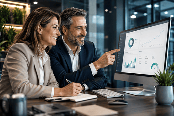 Equipo satisfecho revisando un software de facturación compatible con VERIFACTU